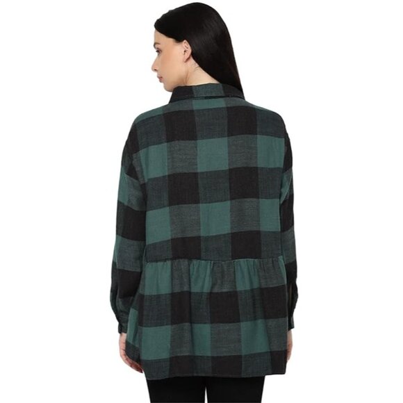 American Eagle Shirt Size Medium Button Up Long Sleeve Peplum Green Black Preppy - Picture 2 of 8